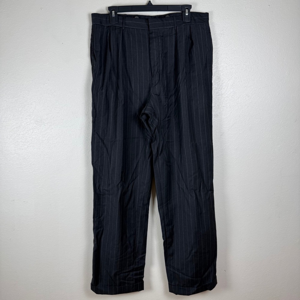 Polo Ralph Lauren Virgin Wool Pinstripe Pleated Trousers Black Grey 42L / 33x31